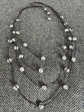 ROOST, MULTI STRAND, GRAY RIVER PEARL NECKLACE, WITH LAYERED PEARL LOOP CLOSURE